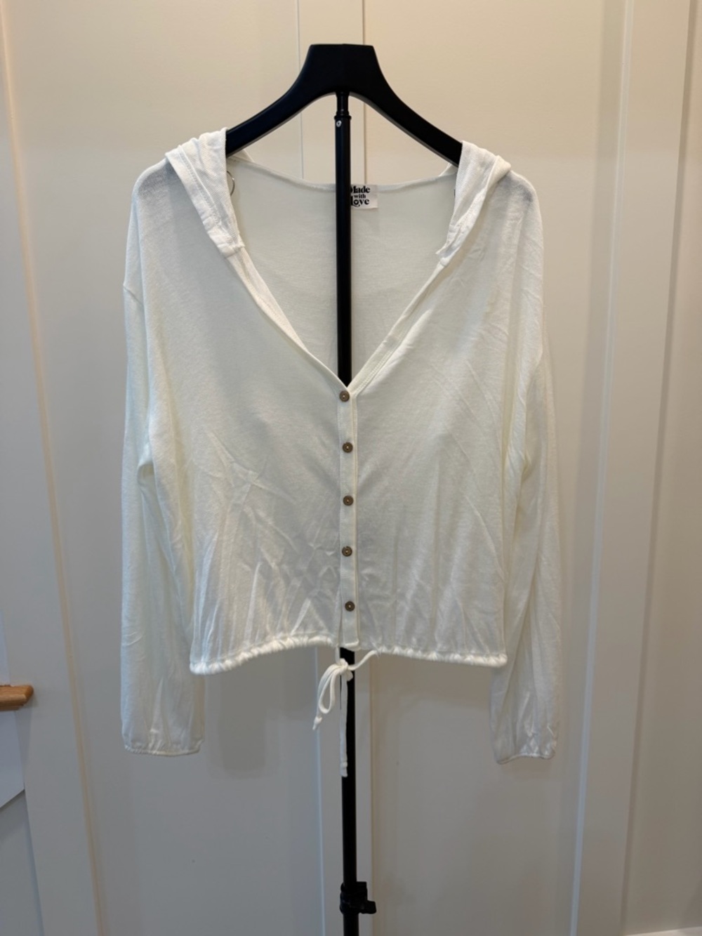 Lightweight White Hooded Button-Front Top with Drawstring #311